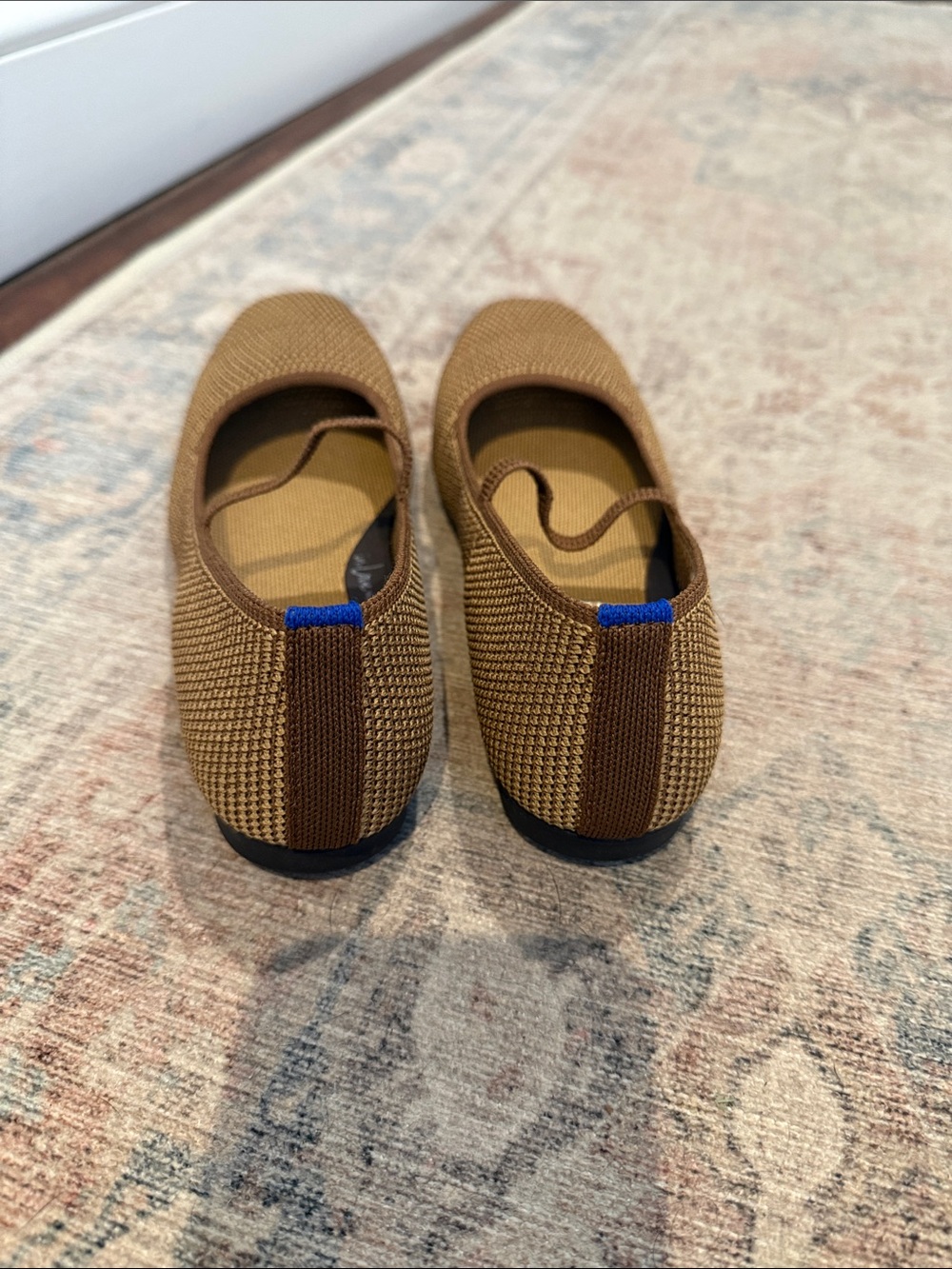 Rothy's Tan Knit Mary Jane Flats with Blue Heel Tab - Picture 3 of 5